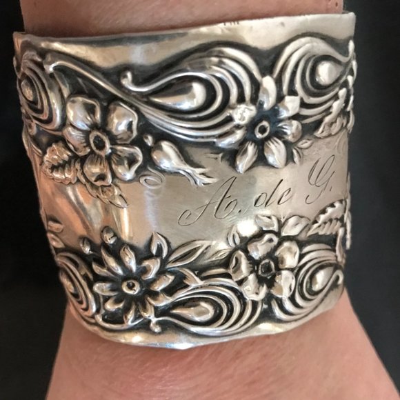Antique Obsessions Jewelry - Floral Sterling Silver 925 Cuff Bracelet Antique Art Nouveau Spoon Ring Flowers